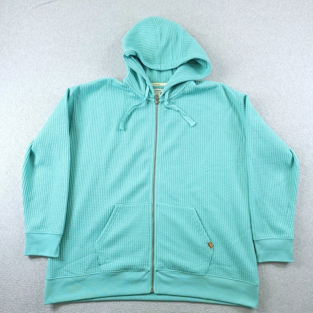 LL Bean Womens 1X Plus Aqua Blue Birchwood Brushed Waffle Full Zip Hoodie Jacket